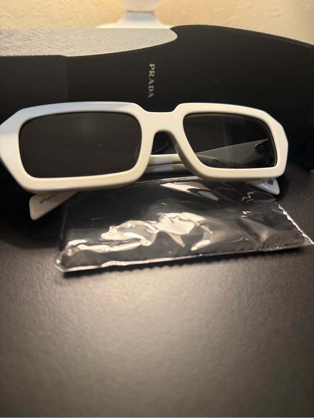 Prada White Rectangular Sunglasses with Dark Lenses - Picture 3 of 6